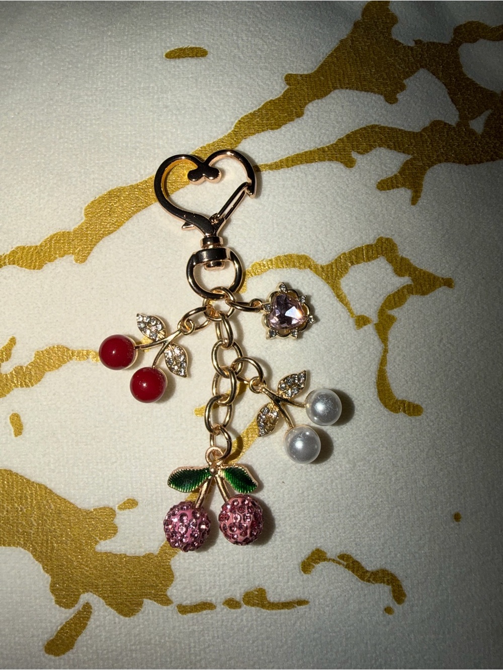 Cherry Charm Keychain with Red, Pink & Pearl Accents
